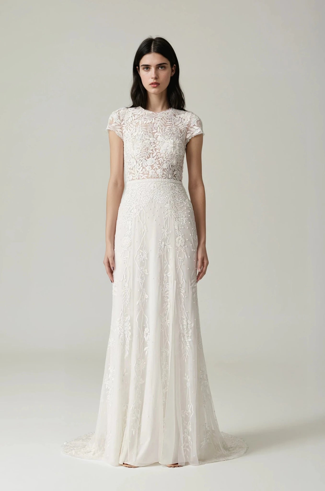 hermione - de - paula - Wisteria Back Button Cap Sleeve SL Gown Floral White - botanical - couture