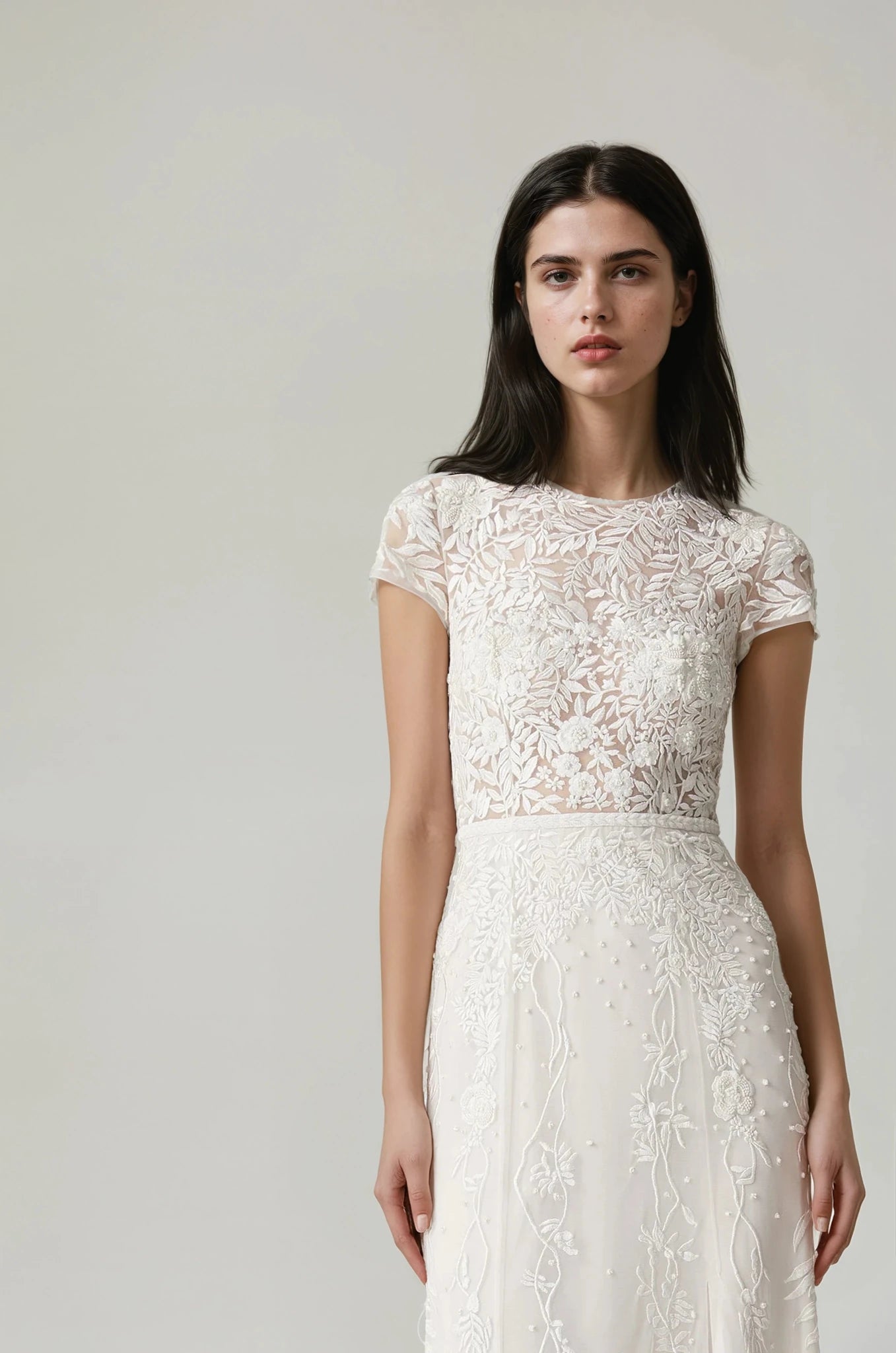 hermione - de - paula - Wisteria Back Button Cap Sleeve SL Gown Floral White - botanical - couture