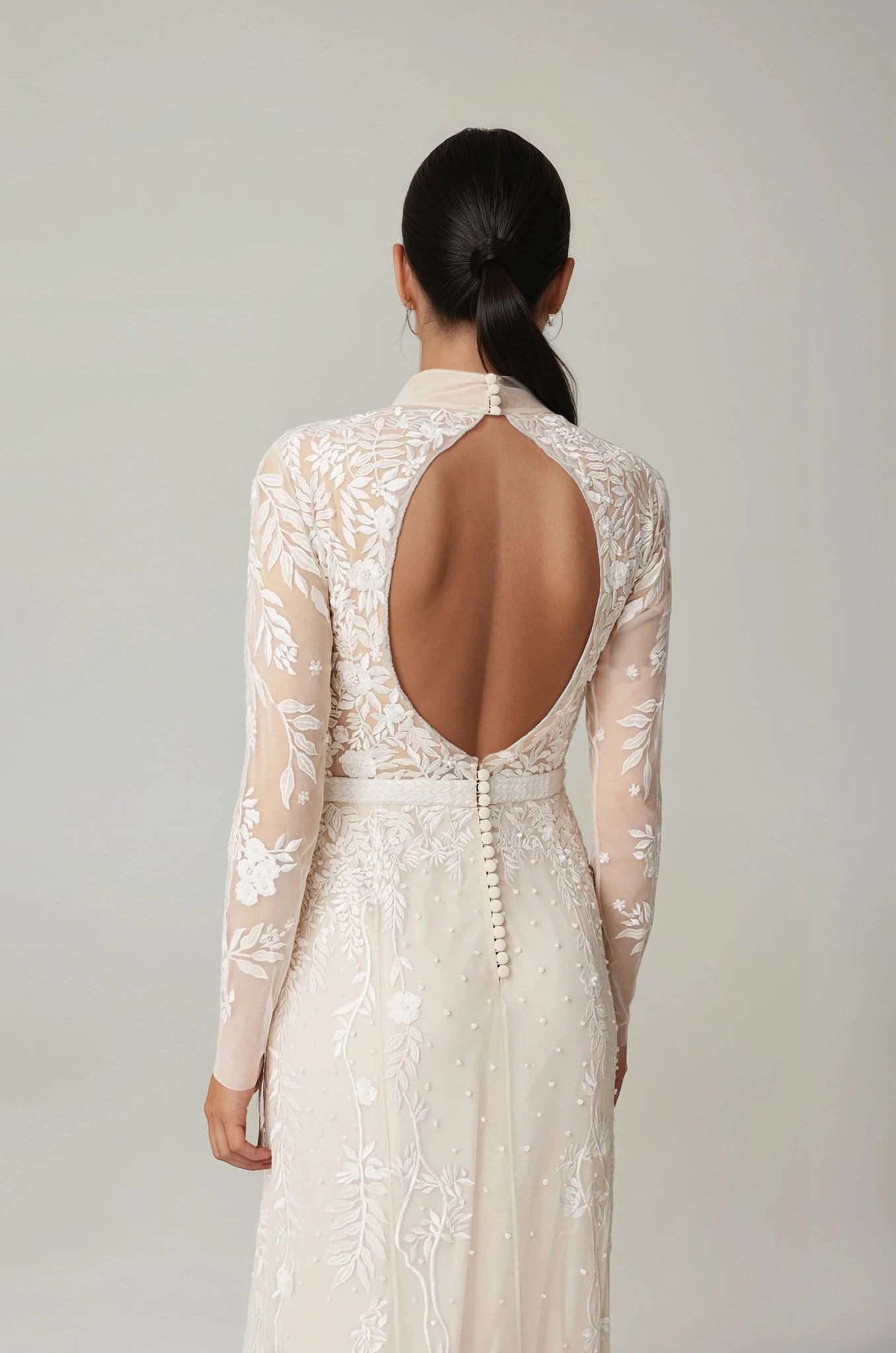 hermione - de - paula - Wisteria Collar Open Back Long Sleeve SL Gown Rosewater - botanical - couture