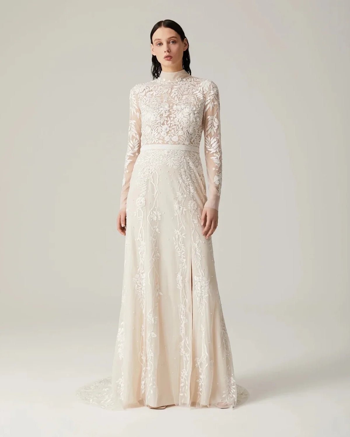 Wisteria Rose Collar Open Back Long Sleeve Gown Rosewater by Hermione de Paula, hand-embroidered couture bridal - view 1