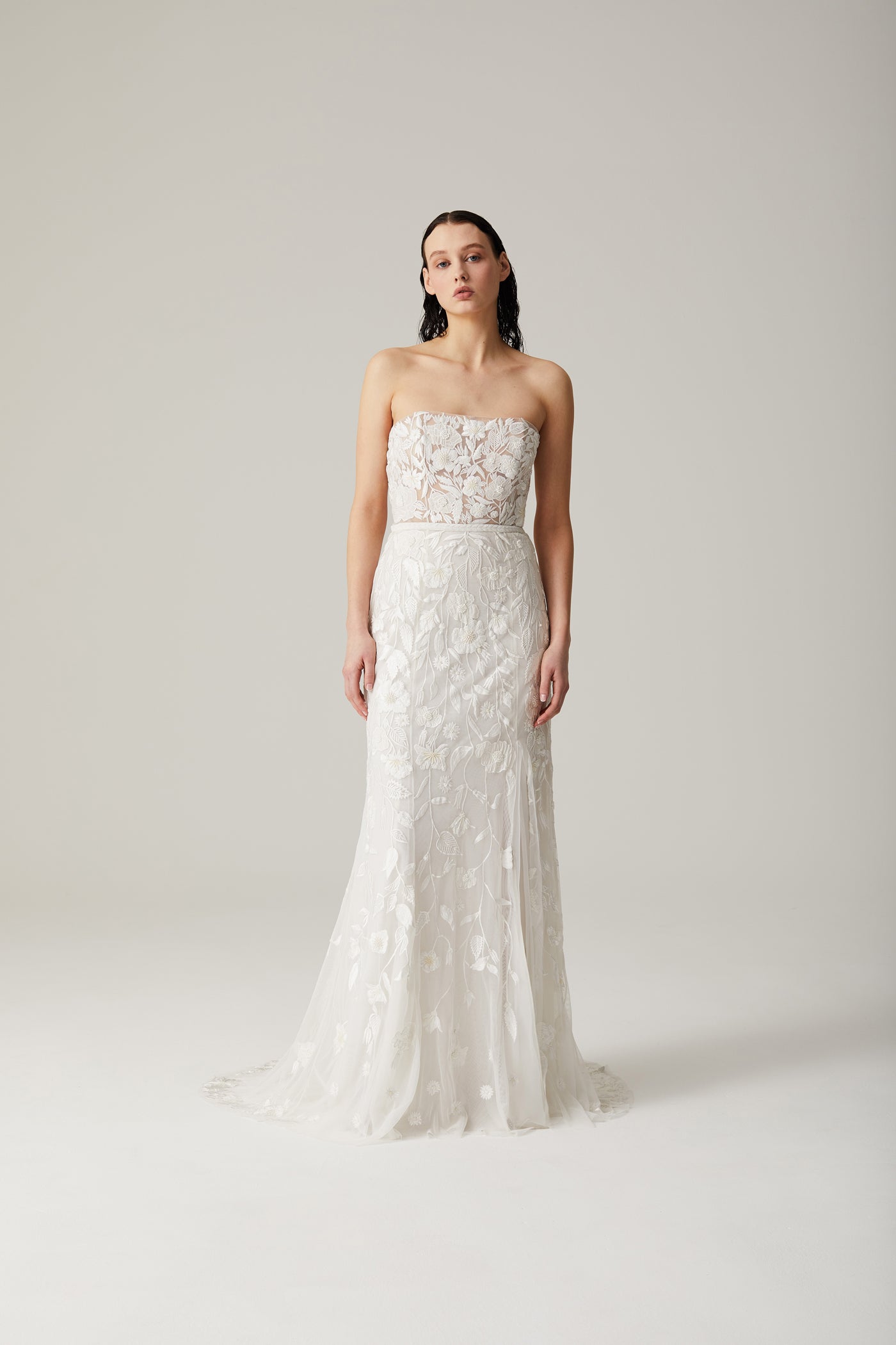 Wild Rose Cascade Bustier Gown In Floral White | Hermione de Paula Bridal Boutique