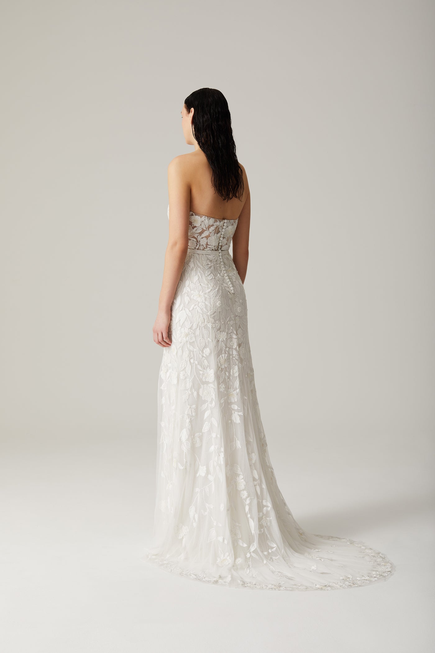 Wild Rose Cascade Bustier Gown In Floral White | Hermione de Paula Bridal Boutique