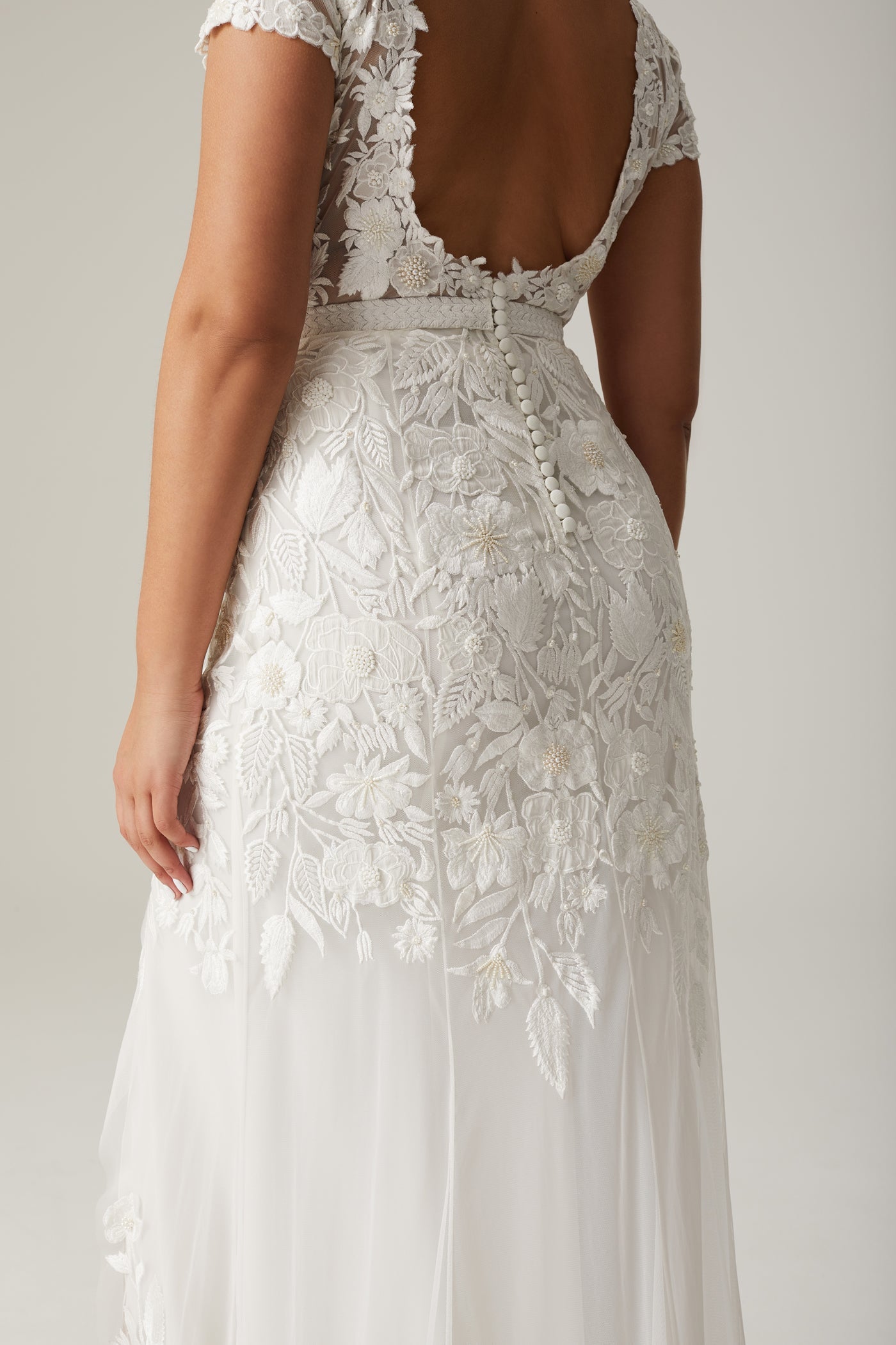 Wild Rose Garden Gown With Open Back Detail In Floral White | Hermione de Paula Bridal Boutique