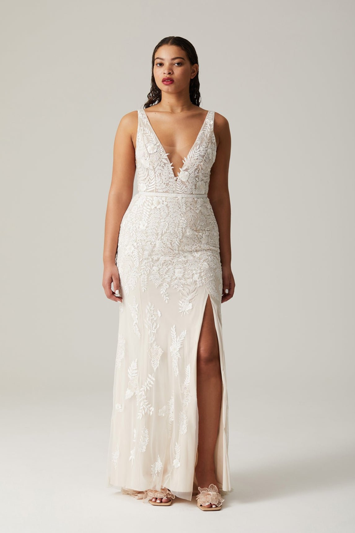 hermione - de - paula - Fern and Rose Illusion V Open Square Back SL Gown Rosewater - botanical - couture