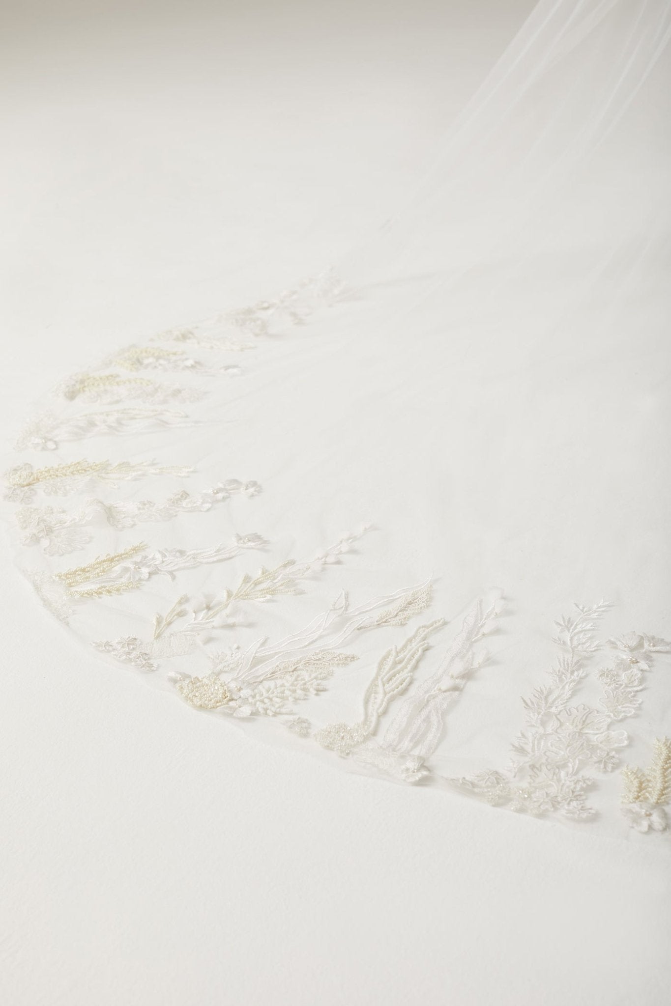 hermione - de - paula - Seascape Border Abbey Wide Hand embroidered Veil - Moonlight White - No Blusher - botanical - couture