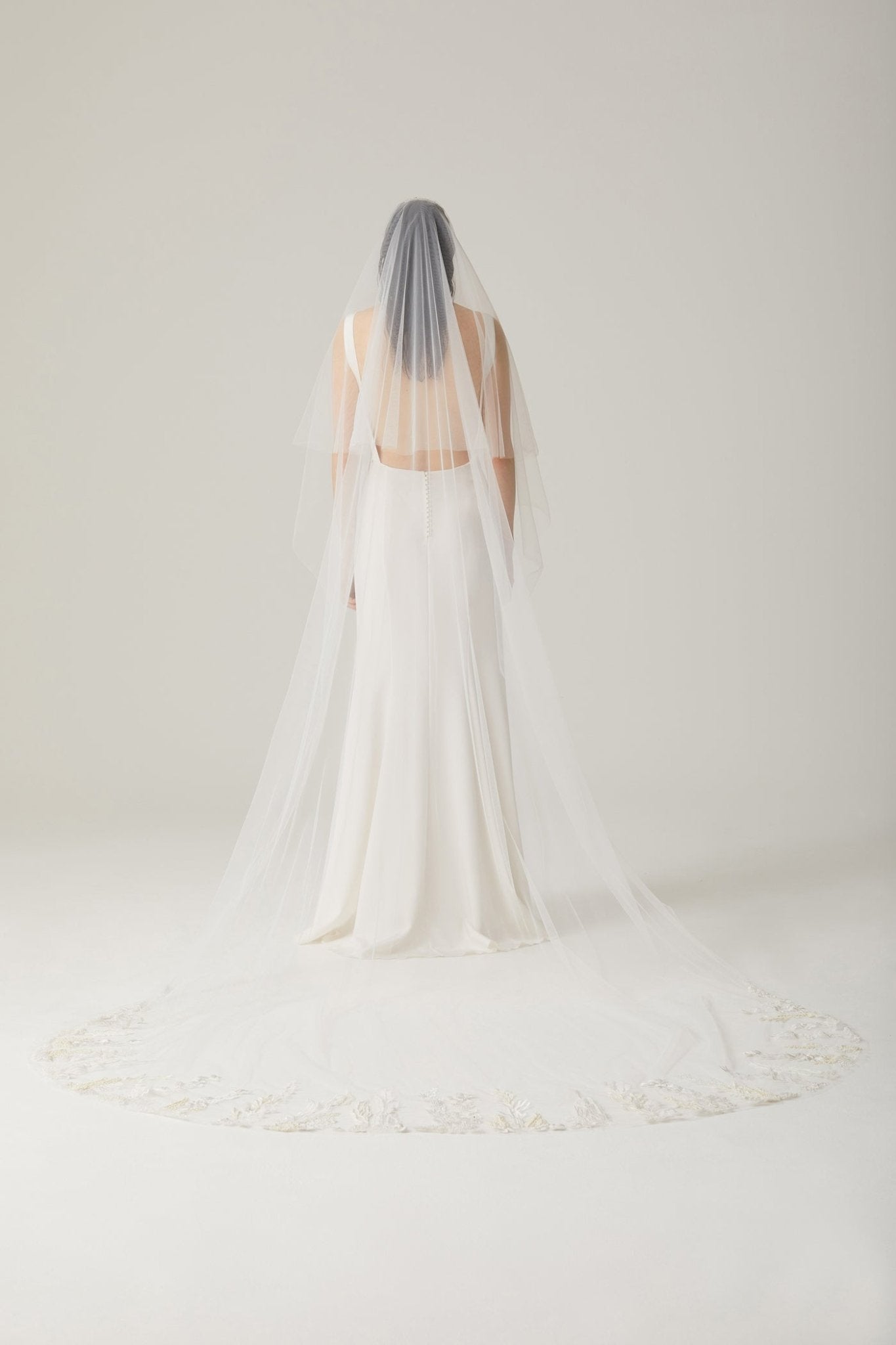 hermione - de - paula - Seascape Border Abbey Wide Hand embroidered Veil - Moonlight White - No Blusher - botanical - couture