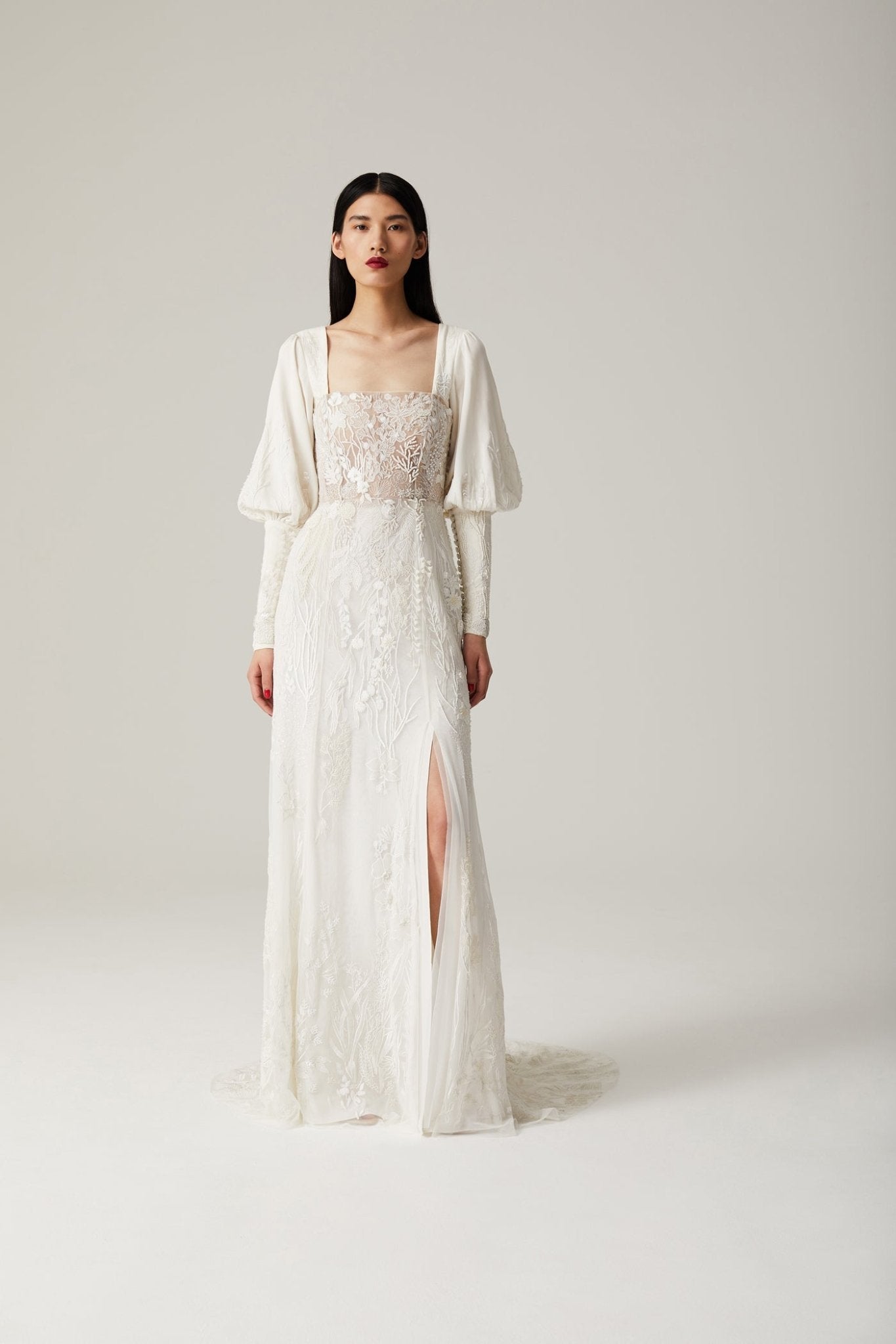 hermione-de-paula-Seascape Straight Bodice SL Gown Moonlight White-botanical-couture