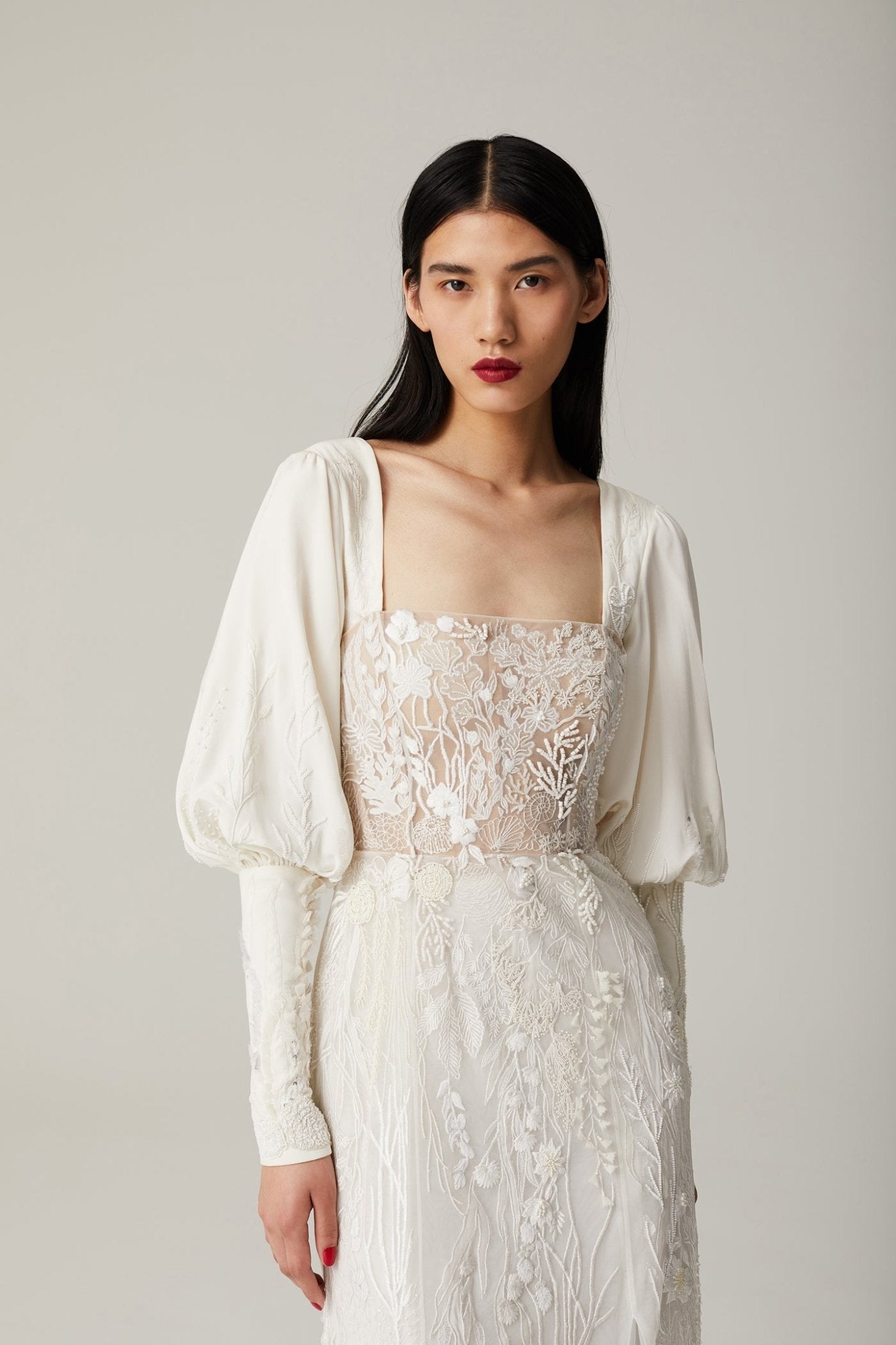 hermione-de-paula-Seascape Straight Bodice SL Gown Moonlight White-botanical-couture