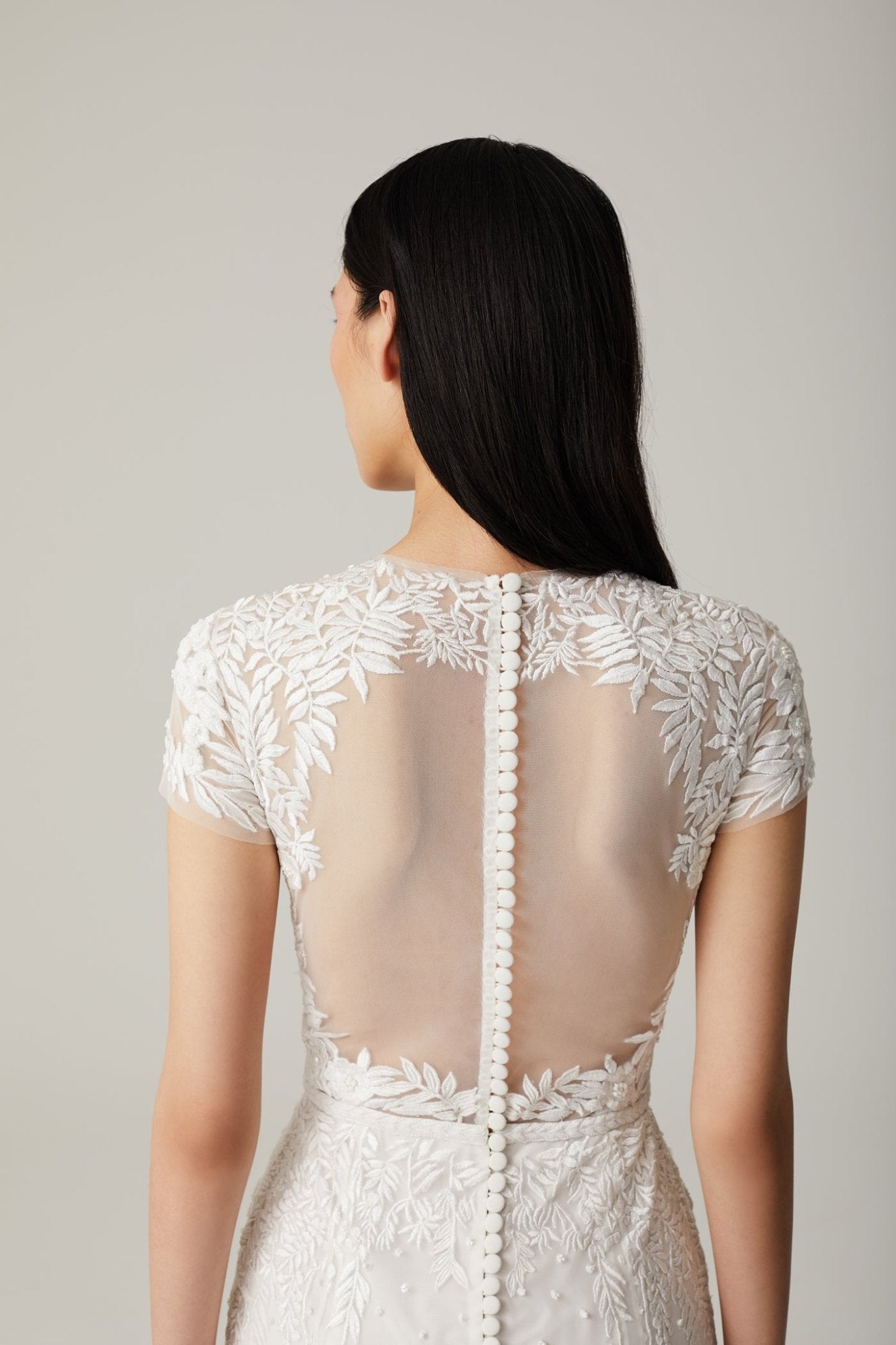 hermione - de - paula - Wisteria Back Button Cap Sleeve SL Gown Floral White - botanical - couture